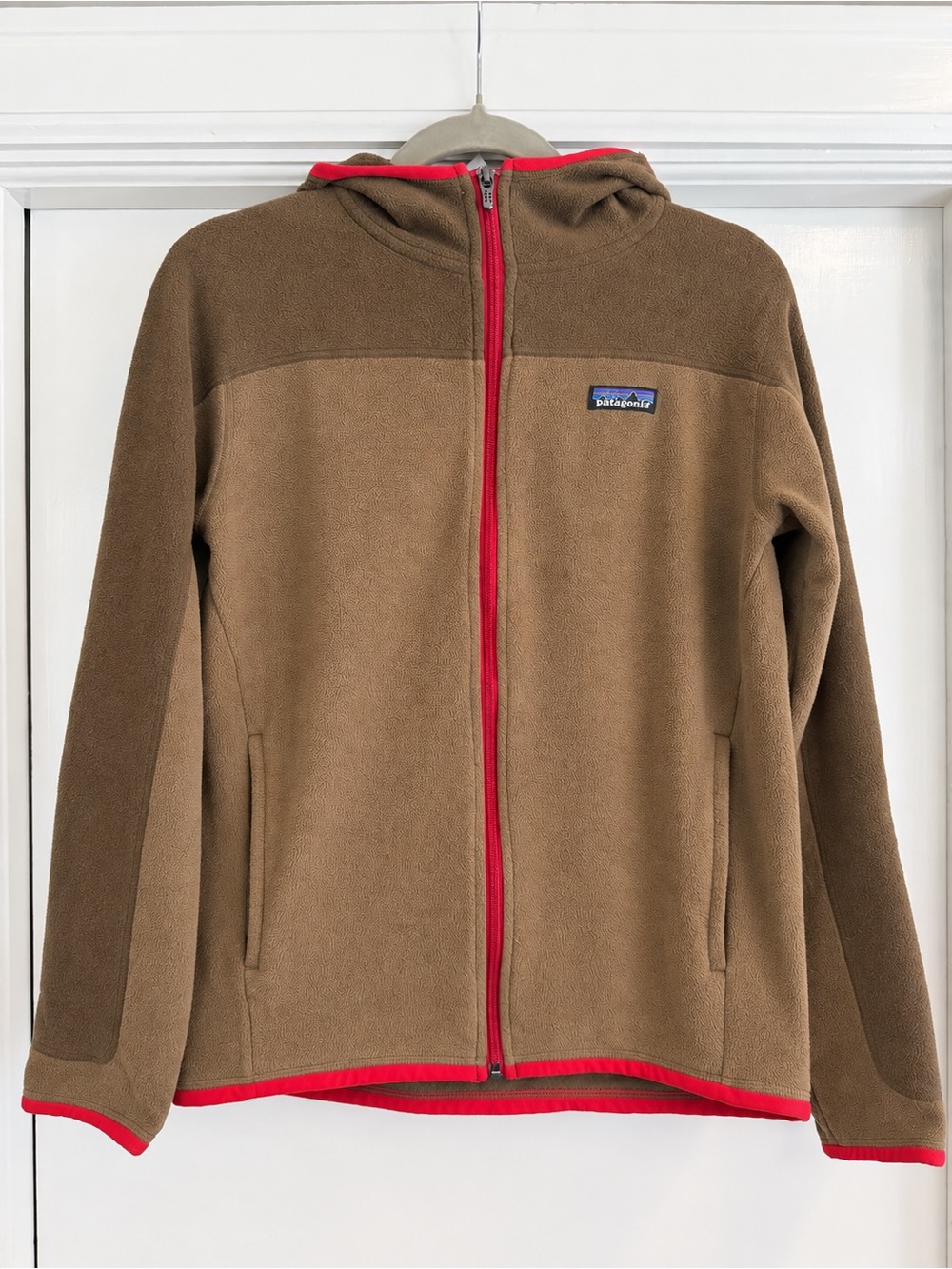Patagonia Brown Fleece Hoodie with Red Trim, Size S